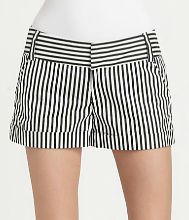 Alice + Olivia's cuffed striped shorts ($165) would be fabulous over a pair of black opaque tights and patent boots now, then with bare legs and sandals in the Summer.
Alice + Olivia's cuffed striped shorts ($165) would be fabulous over a pair of black opaque tights and patent boots now, then with bare legs and sandals in the Summer.