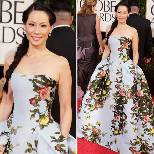 Lucy Liu in floral Carolina Herrera at 2013 Golden Globes