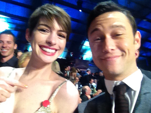 The strap on Anne Hathaway's Oscar de la Renta dress broke — luckily, her good friend Joseph Gordon-Levitt had a pin ready for her!
Source: Facebook user Joseph Gordon-Levitt
The strap on Anne Hathaway's Oscar de la Renta dress broke — luckily, her good friend Joseph Gordon-Levitt had a pin ready for her!
Source: Facebook user Joseph Gordon-Levitt