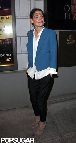 Katie Holmes wore a blue blazer and black pants to a Broadway show.
Katie Holmes wore a blue blazer and black pants to a Broadway show.