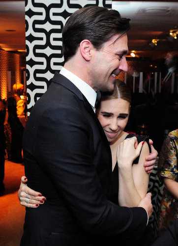 Jon Hamm hugged Zosia Mamet at HBO's post-Golden Globes party.
Jon Hamm hugged Zosia Mamet at HBO's post-Golden Globes party.