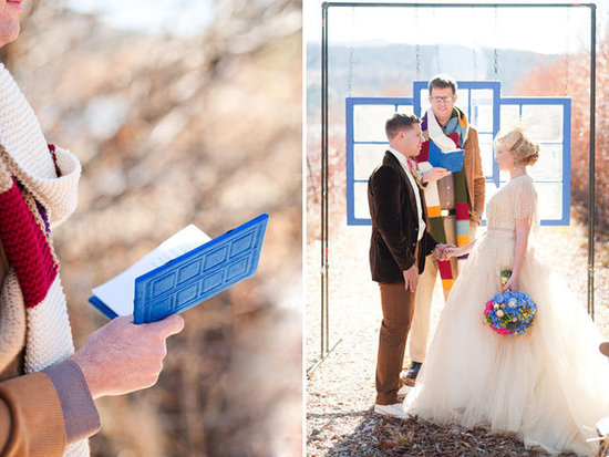 The Fourth Doctor scarf and River Song's journal make up the scenes in the vows ceremony.
Source: Candice Benjamin Photography via Green Wedding Shoes
The Fourth Doctor scarf and River Song's journal make up the scenes in the vows ceremony.
Source: Candice Benjamin Photography via Green Wedding Shoes