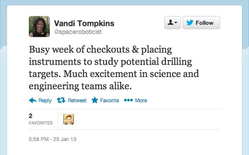 Curiosity rover driver Vandi Tompkins prepped the Mars-bound robot for its first-ever drilling project this week. It will be the first time any robot has drilled into a rock to collect a sample on Mars.
Curiosity rover driver Vandi Tompkins prepped the Mars-bound robot for its first-ever drilling project this week. It will be the first time any robot has drilled into a rock to collect a sample on Mars.