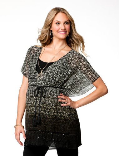 The sheer Short Sleeve Empire Waist Maternity Blouse ($49) would look great over a pair of black pants or even leggings.
The sheer Short Sleeve Empire Waist Maternity Blouse ($49) would look great over a pair of black pants or even leggings.