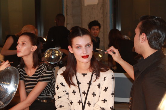 The makeup look was focused around the ombré lips, which were lined in black and then diffused down to red. "The inspiration was a New York urban girl, and we knew we wanted a bold lip," MAC lead artist Romy Soleimani said. The matte lip played off the greasy, silvery eye.
Photo: Maria Del Russo
The makeup look was focused around the ombré lips, which were lined in black and then diffused down to red. "The inspiration was a New York urban girl, and we knew we wanted a bold lip," MAC lead artist Romy Soleimani said. The matte lip played off the greasy, silvery eye.
Photo: Maria Del Russo