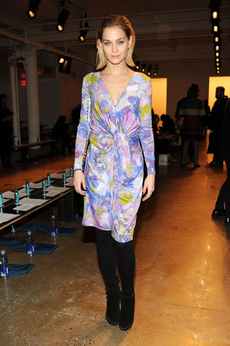 Leigh Lezark brightened up the Costello Tagliapietra show in a colorful drape-front dress by the designer, then tempered her bold hues via black opaque tights and black booties.
Leigh Lezark brightened up the Costello Tagliapietra show in a colorful drape-front dress by the designer, then tempered her bold hues via black opaque tights and black booties.