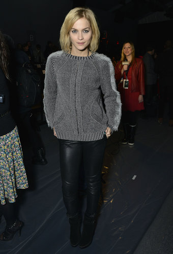 Leigh Lezark's gray sweater gave cozy flair to her black leather pants at Nicole Miller's show.
Leigh Lezark's gray sweater gave cozy flair to her black leather pants at Nicole Miller's show.