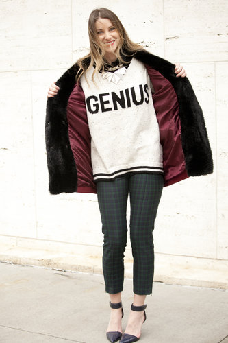 Truly, this is a genius bit of casual wear, thanks to a cheeky sweater, printed pants, and a pair of ankle-strap pumps.
Truly, this is a genius bit of casual wear, thanks to a cheeky sweater, printed pants, and a pair of ankle-strap pumps.