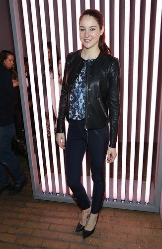 Shailene Woodley toughened up her floral blouse with a black leather jacket and leather-trim trousers at Rebecca Taylor.
Shailene Woodley toughened up her floral blouse with a black leather jacket and leather-trim trousers at Rebecca Taylor.