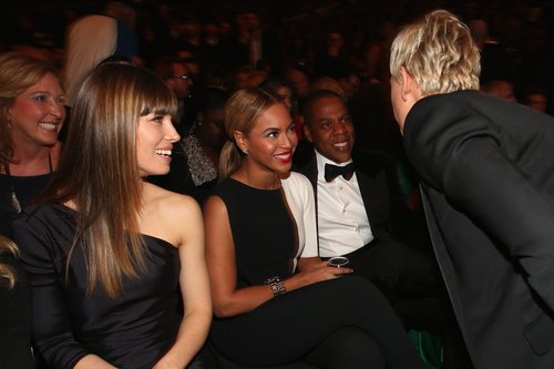 Ellen DeGeneres stopped to say hi to Beyoncé and Jay-Z while Jessica Biel looked on.
Ellen DeGeneres stopped to say hi to Beyoncé and Jay-Z while Jessica Biel looked on.