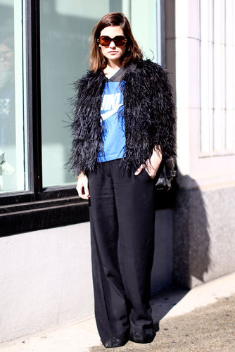 A furry topper was an unexpected foil to a Nike t-shirt and wide-leg pants.
A furry topper was an unexpected foil to a Nike t-shirt and wide-leg pants.