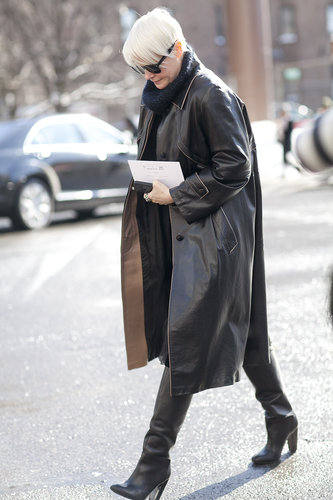 Kate Lanphear pulled a leather trench over an understated Winter look.
Kate Lanphear pulled a leather trench over an understated Winter look.