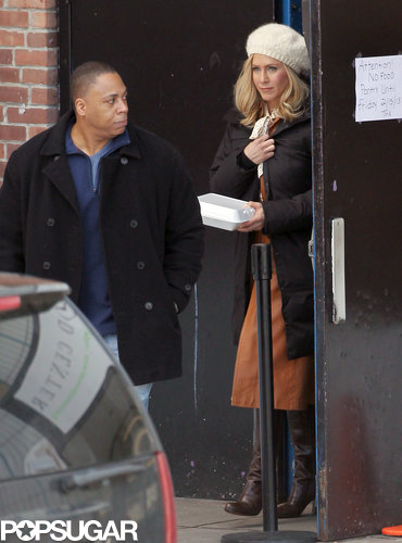 Jennifer Aniston covered her blond wig with a white cap on set in Stamford, CT.
Jennifer Aniston covered her blond wig with a white cap on set in Stamford, CT.