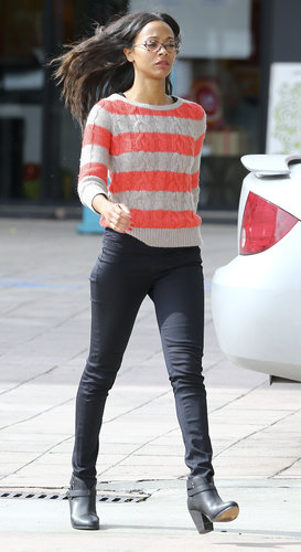 Zoe Saldana was cool and casual in this striped LOFT sweater ($30, originally $60), black skinny jeans, and leather Rag & Bone ankle boots ($495) in LA.
Zoe Saldana was cool and casual in this striped LOFT sweater ($30, originally $60), black skinny jeans, and leather Rag & Bone ankle boots ($495) in LA.
