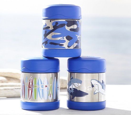 Kids can choose between shark, camo, and surfboard designs when they pick up a blue hot/cold container ($20).
Kids can choose between shark, camo, and surfboard designs when they pick up a blue hot/cold container ($20).