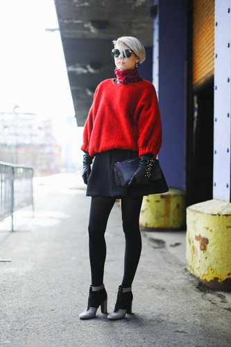A full mini and a bright red sweater had schoolgirl-inspired appeal.
A full mini and a bright red sweater had schoolgirl-inspired appeal.