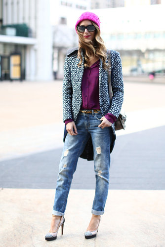 Boyfriend jeans got a girlie contrast with shades of pink, heels, and then a textured topper to tie it all together outside the tents.
Boyfriend jeans got a girlie contrast with shades of pink, heels, and then a textured topper to tie it all together outside the tents.