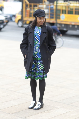 A sweet printed dress got a boyish twist with loafers and a newsboy cap.
A sweet printed dress got a boyish twist with loafers and a newsboy cap.