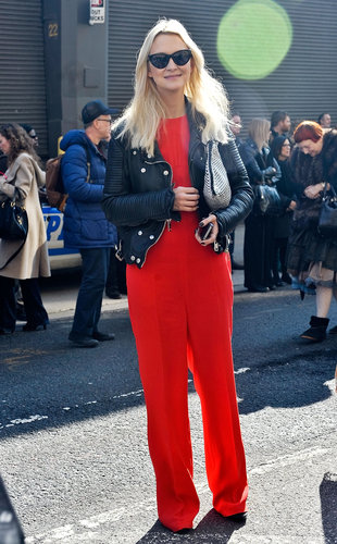 Zanna Roberts Rossi added edge to her red jumpsuit with a double-breasted motorcycle jacket.
Zanna Roberts Rossi added edge to her red jumpsuit with a double-breasted motorcycle jacket.