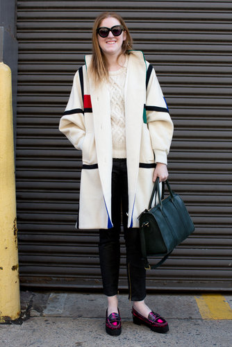 The window-pane print on this creamy coat gave it preppy flair; while metallic pink loafers provided a punky finish.
The window-pane print on this creamy coat gave it preppy flair; while metallic pink loafers provided a punky finish.