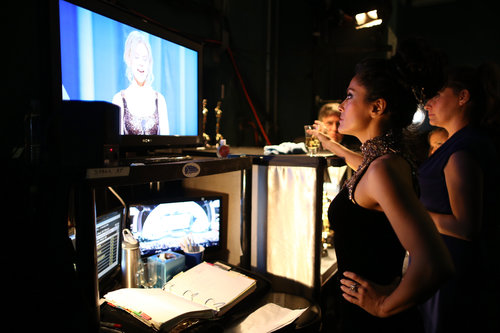 Salma Hayek backstage at the 2013 Oscars.
Salma Hayek backstage at the 2013 Oscars.