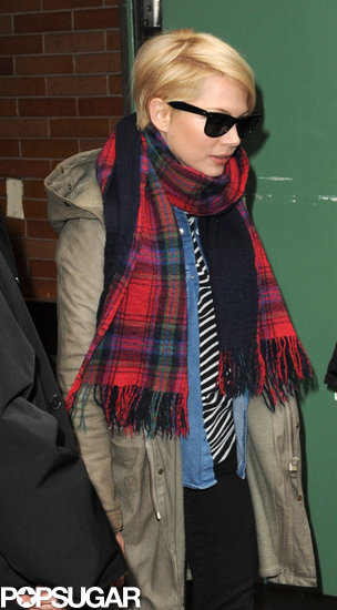 Michelle Williams wore a plaid scarf and green jacket in NYC.
Michelle Williams wore a plaid scarf and green jacket in NYC.