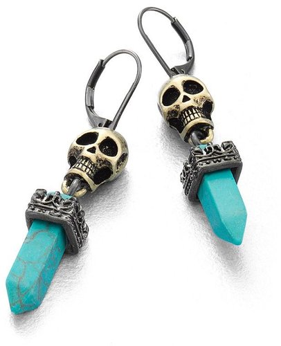 Rock and republic two tone simulated turquoise skull and dagger drop earrings