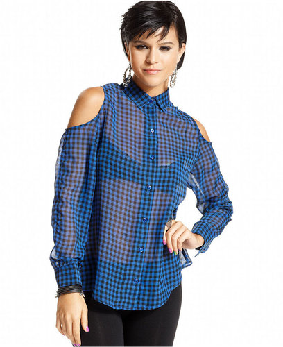 Material Girl Juniors Top, Long Sleeve Sheer Gingham-Print