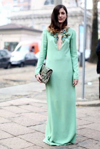 A seriously glam moment in a mint-green, embellished gown that's more fit for the catwalk or red carpet than it is for the street.
A seriously glam moment in a mint-green, embellished gown that's more fit for the catwalk or red carpet than it is for the street.