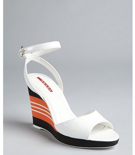 Prada Sport white patent leather striped wedges