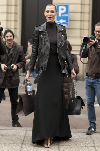 Karlie Kloss looked biker-chic in a black maxi, turtleneck, and cool-girl leather jacket.
Karlie Kloss looked biker-chic in a black maxi, turtleneck, and cool-girl leather jacket.