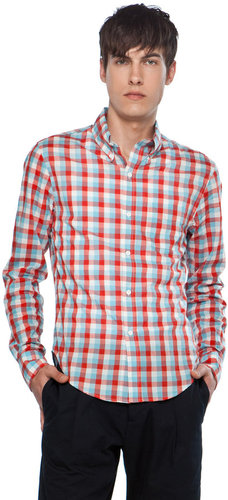 Band of Outsiders Button Down Collar Shirt in White/Blue/Red Broadcloth Check