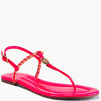 Tory Burch - Aine Thong - Neon Pink Patent Leather Woven Flat Thong Sandal