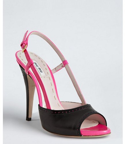 Miu black and hot pink leather peep toe slingbacks