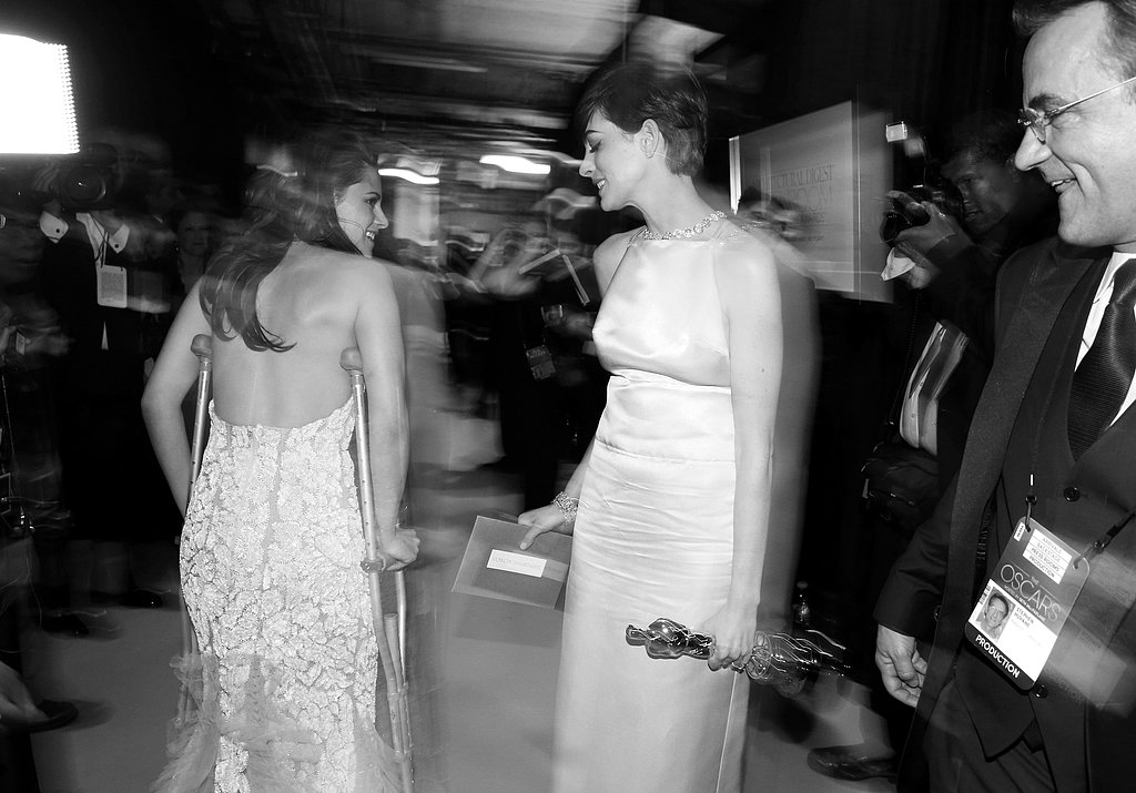 Anne Hathaway and Kristen Stewart backstage at the 2013 Oscars.
Anne Hathaway and Kristen Stewart backstage at the 2013 Oscars.