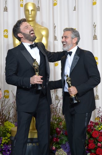 Ben Affleck and George Clooney laughed it up in the Oscars press room following their Argo best picture win.
Ben Affleck and George Clooney laughed it up in the Oscars press room following their Argo best picture win.