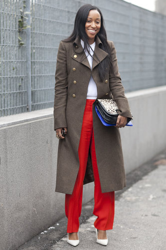 Shiona Turini made a cool-girl play on green and red in an olive military coat and bright pants.
Shiona Turini made a cool-girl play on green and red in an olive military coat and bright pants.