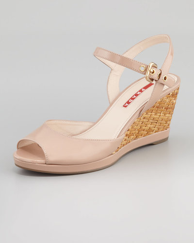Prada Patent Open-Toe Wicker Wedge Sandal, Nude