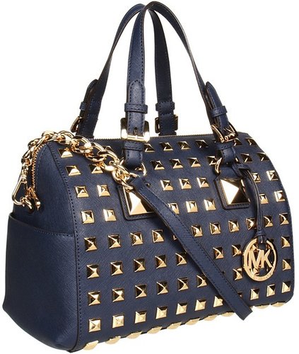 MICHAEL Michael Kors - Grayson Stud Medium Chain Satchel (Navy) - Bags and Luggage