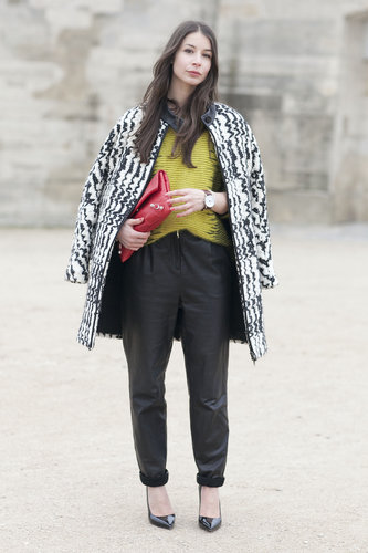 'Laxed leather trousers, citrus and cozy black and white coat livened up this mix.
'Laxed leather trousers, citrus and cozy black and white coat livened up this mix.