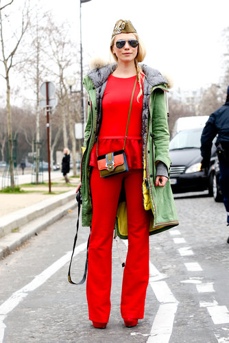 Bold red peplum and flares got a utilitarian finish with a fur-lined anorak and a military-style cap.
Bold red peplum and flares got a utilitarian finish with a fur-lined anorak and a military-style cap.