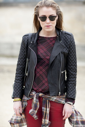 A modern play on punk in quilted leather and plaid.
A modern play on punk in quilted leather and plaid.