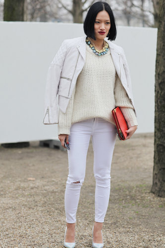 White on white glamorized with statement jewels.
White on white glamorized with statement jewels.