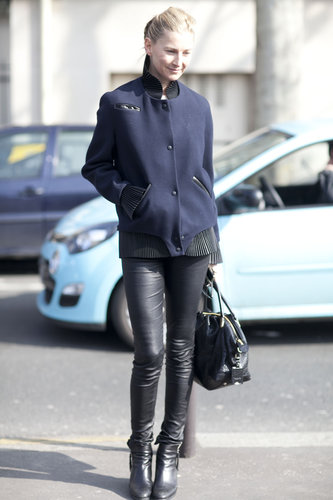A fashion-forward take on the varsity jacket plus slick leather pants added up to something effortless and attention-getting.
A fashion-forward take on the varsity jacket plus slick leather pants added up to something effortless and attention-getting.