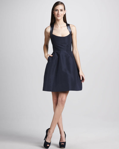 Monique Lhuillier Leather-Strap Sleeveless Cocktail Dress