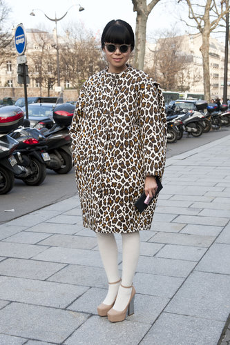 A leopard-print car coat popped against stark white tights and neutral heels.
A leopard-print car coat popped against stark white tights and neutral heels.