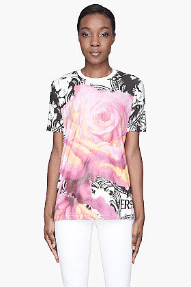 VERSUS Pink rose and logo-Printed T-Shirt