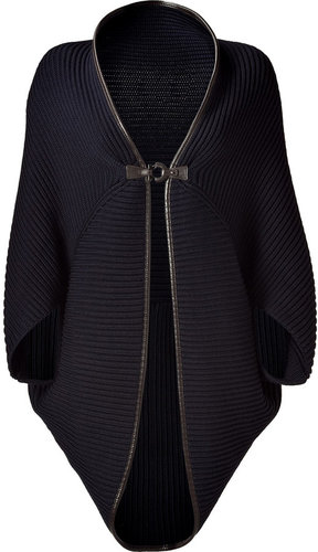 Salvatore Ferragamo Dark Blue Wool Cape with Leather Trim
