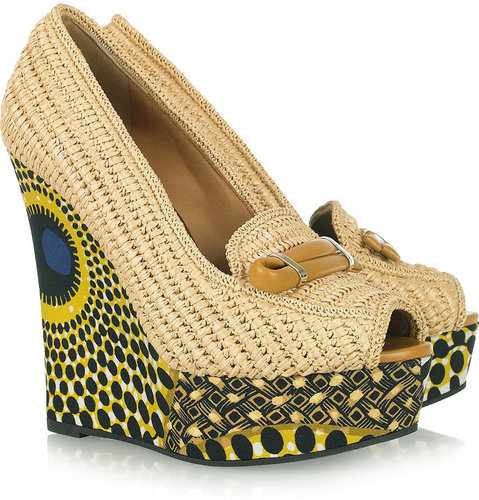 Burberry Prorsum Woven raffia and printed wedge pumps