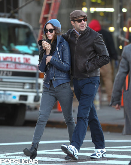Olivia Wilde wore a blue hoodie and a matching leather jacket. Olivia Wilde wore a blue hoodie and a matching leather jacket.